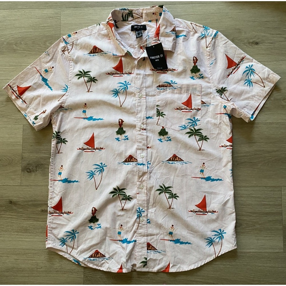 Forever 21 Men Large Tropical Palm Scenic Hawaiian Short Sleeve Button Up Shirt